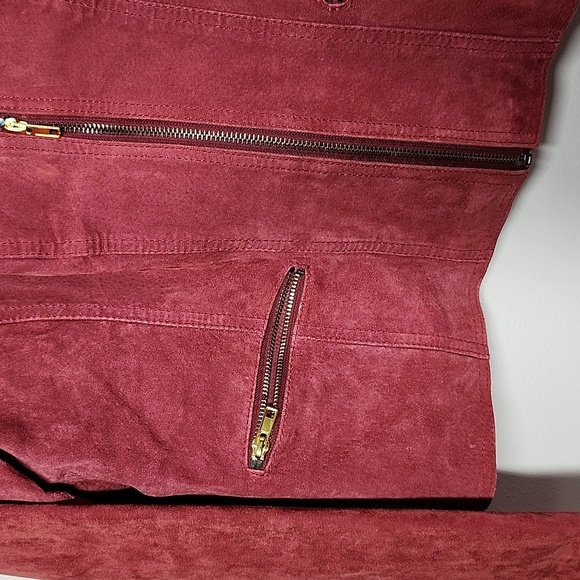 Live A Little Red Suede Jacket Leopard Lined Womens Medium Moto Jacket Bikercore - Picture 4 of 11